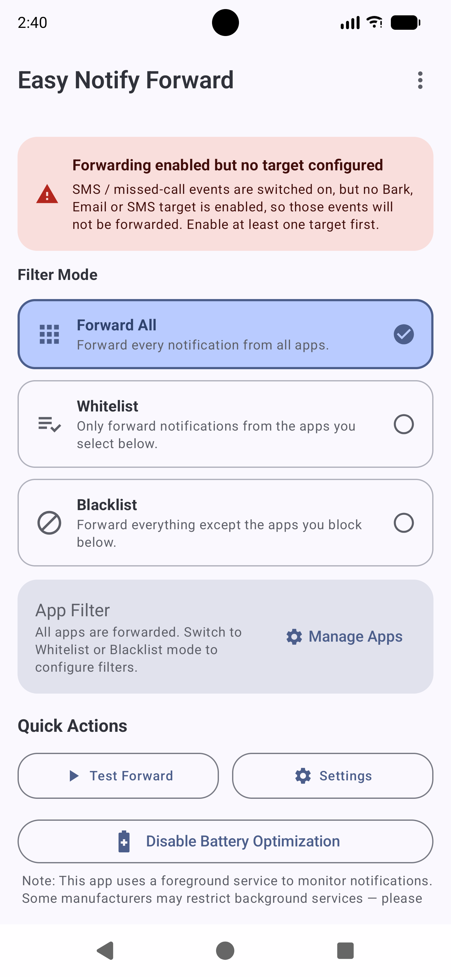 Home screen bottom — forwarding scope