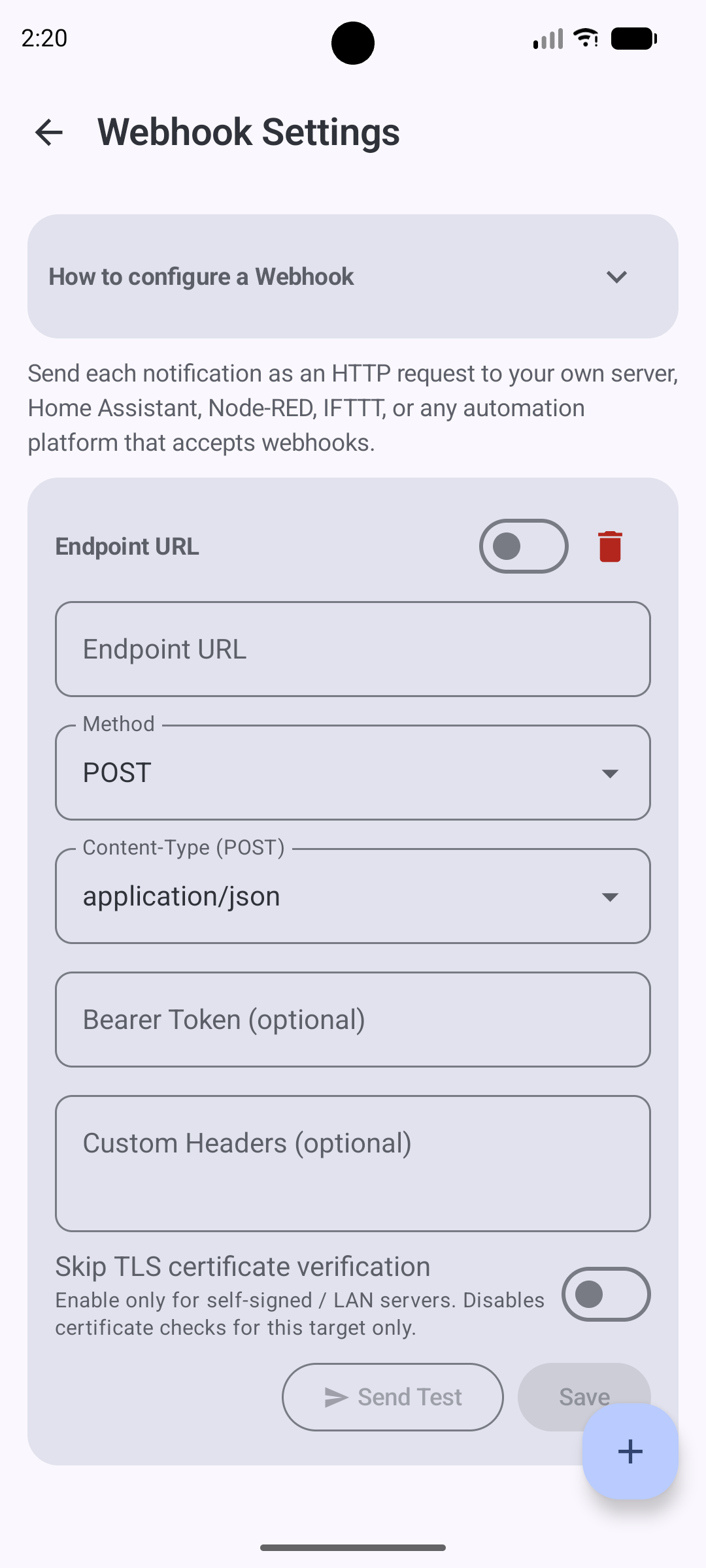 Webhook channel configuration screen