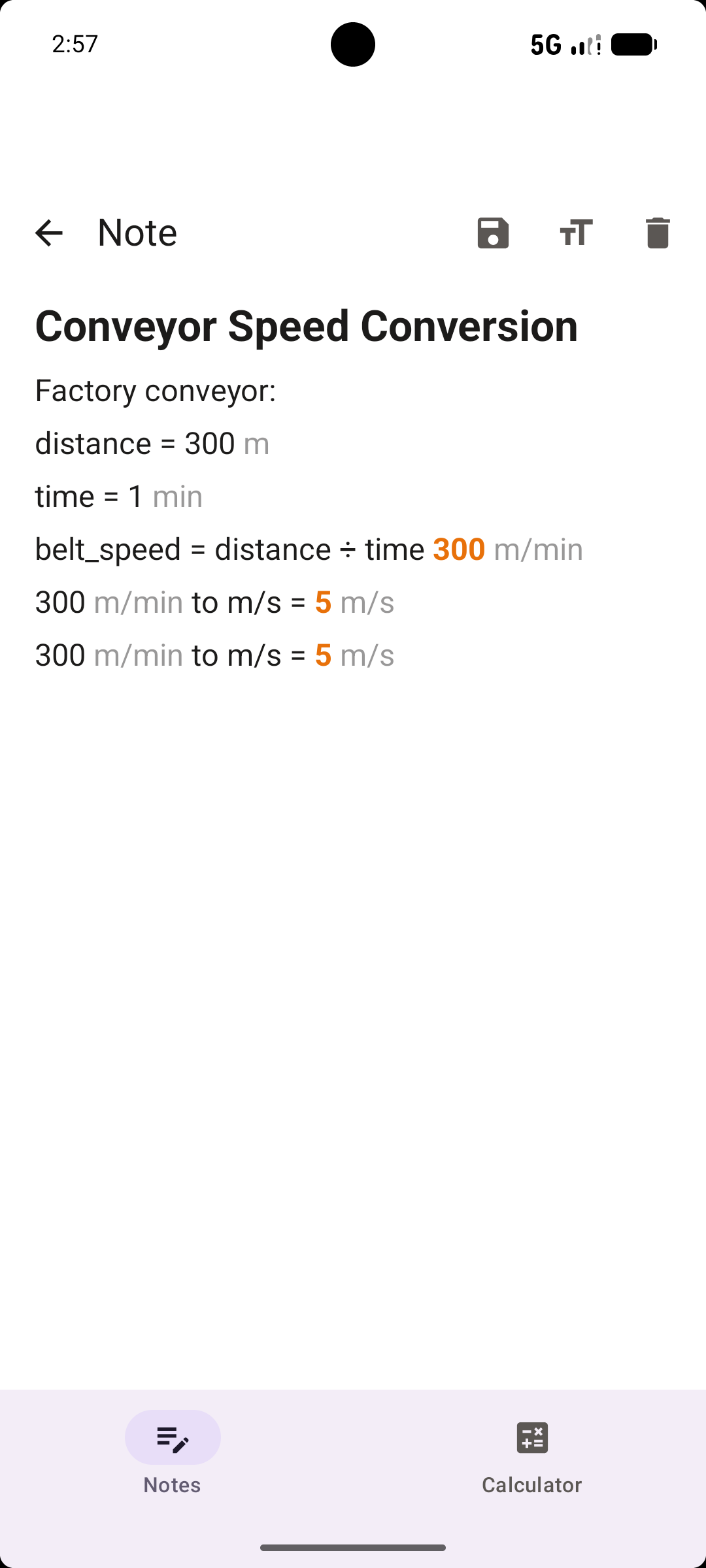 Inline math: factory conveyor speed conversion